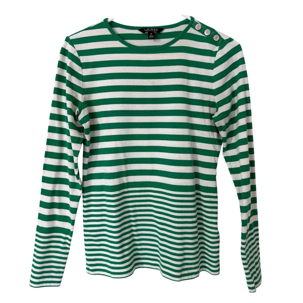 Lauren Ralph Lauren Green White Striped Shoulder Button Long Sleeve Top Medium